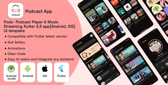 Pods- Podcast Player & Music Streaming flutter 3.3 app(Android, iOS) UI template - CodeCanyon Item for Sale