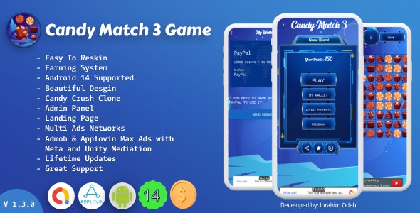 Candy Match 3 Game with Earning System and Admin Panel + Landing Page - CodeCanyon Item for Sale